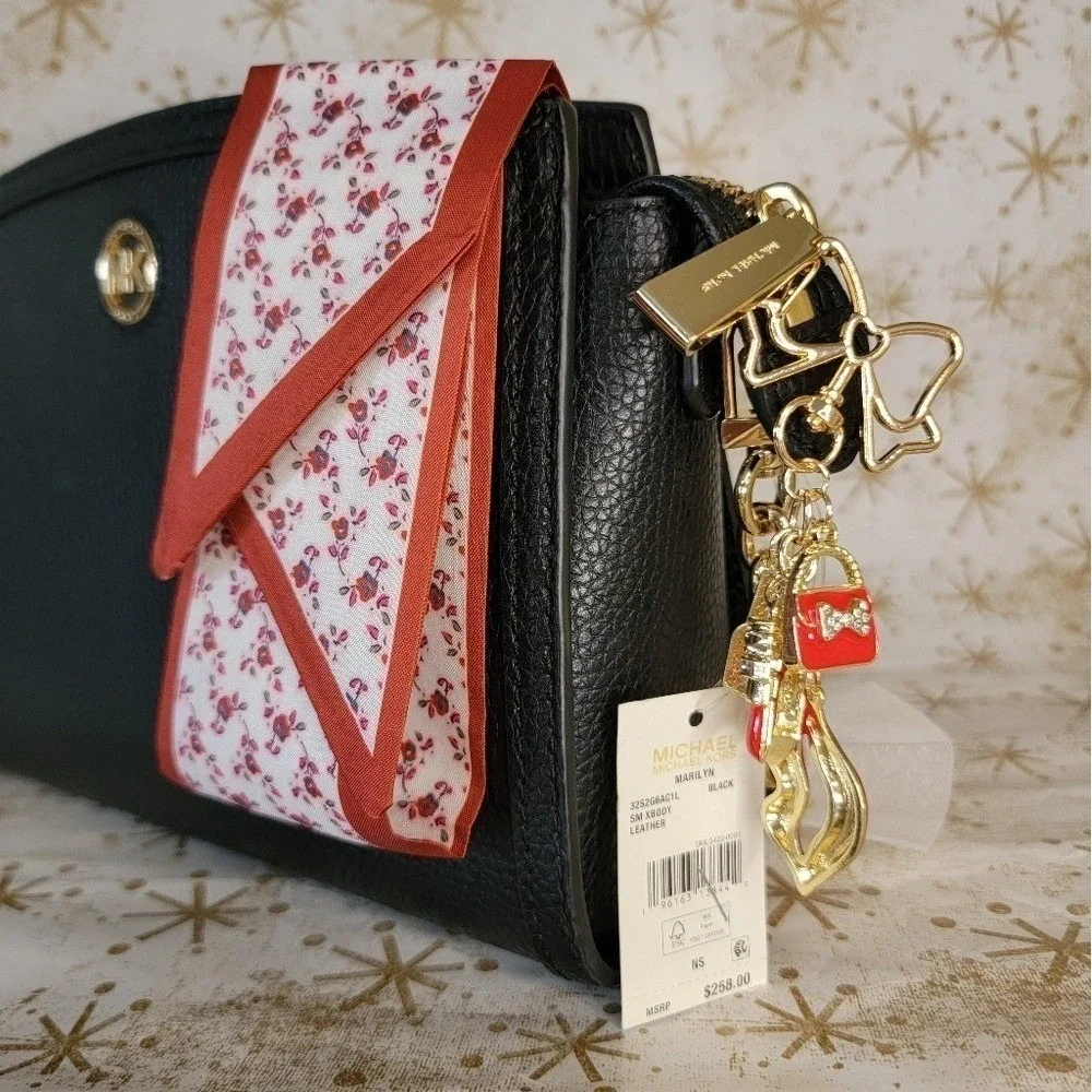Michael Kors Crossbody Black Leather Bag Scarf and Charm‎